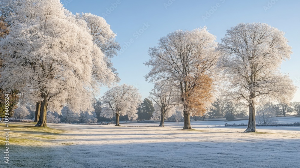 Frost-covered trees standing majestically in a tranquil winter landscape under a clear blue sky, casting shadows on the snow-dusted ground. Frost-covered trees standing majestically in a tranquil winter landscape under a clear blue sky, casting shadows on the snow-dusted ground.