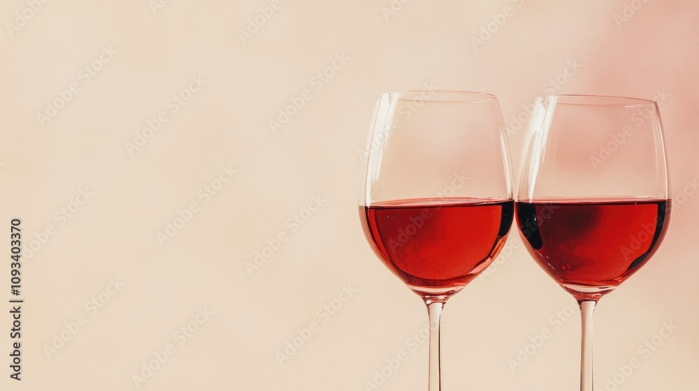 Two elegant glasses of red wine positioned against a soft beige background, ideal for summer gatherings, romantic dinners, or wine tasting events with space for text. Two elegant glasses of red wine positioned against a soft beige background, ideal for summer gatherings, romantic dinners, or wine tasting events with space for text.