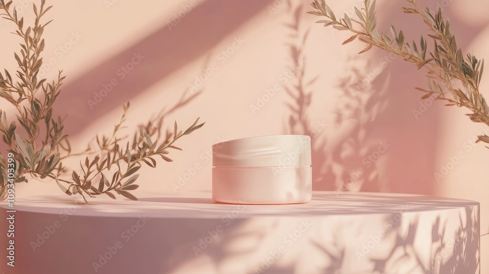 Open white skincare cream jar elegantly placed on a minimalistic background with soft shadows and delicate greenery accents.