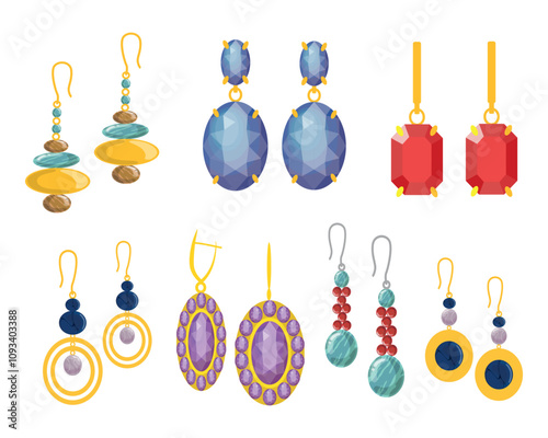 Set of luxury earrings in cartoon style. Vector illustration of earrings with precious stones of different sizes and shapes, gold clasps isolated on white background. Jewelry. Natural stone jewelry.