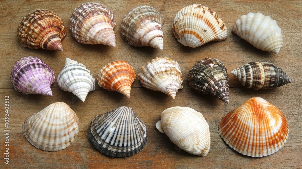 A variety of colorful sea shells arranged neatly on a rustic wooden surface, showcasing unique patterns and textures in natural hues. A variety of colorful sea shells arranged neatly on a rustic wooden surface, showcasing unique patterns and textures in natural hues.