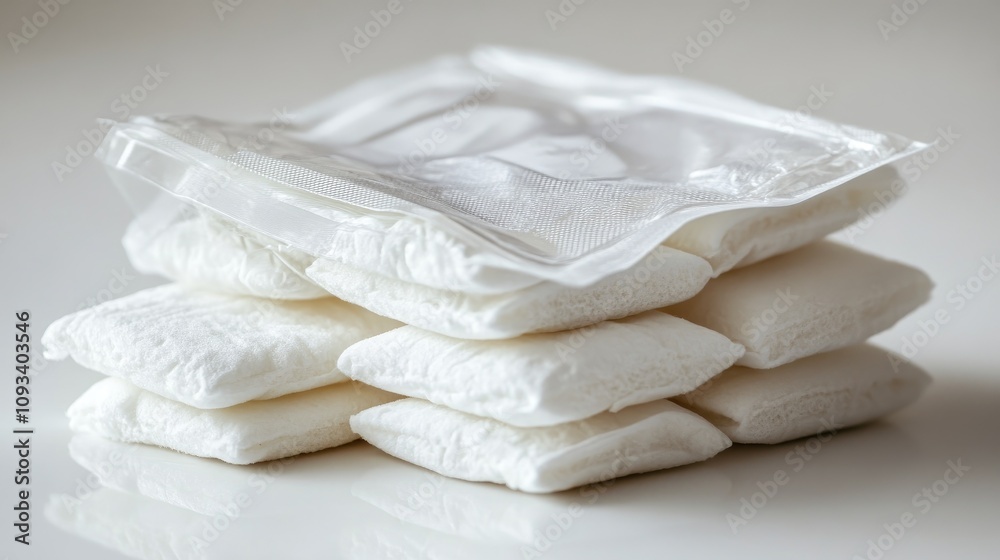 Pack of white wet wipes stacked together with an open transparent top, isolated against a clean white background.