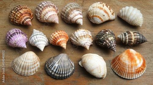 A variety of colorful sea shells arranged neatly on a rustic wooden surface, showcasing unique patterns and textures in natural hues.