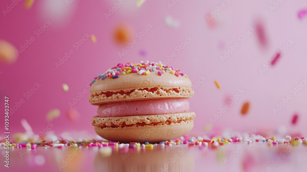 A delightful macaron topped with colorful sprinkles sits on a sprinkle-covered surface with a beautifully blurred pink background. A delightful macaron topped with colorful sprinkles sits on a sprinkle-covered surface with a beautifully blurred pink background.