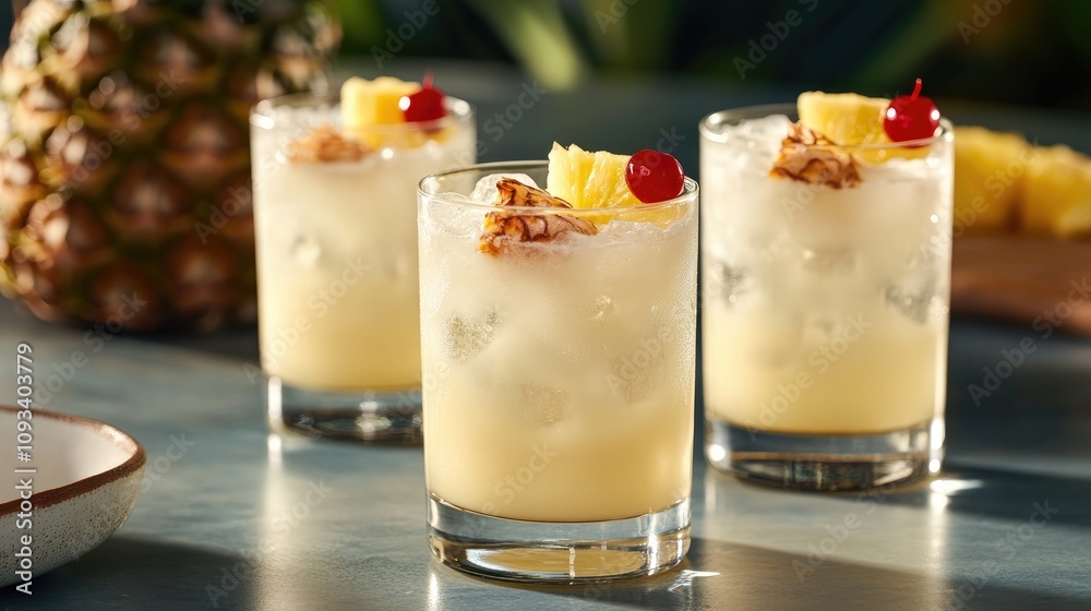 Refreshing Pina Colada cocktails served in glasses and garnished with fresh pineapple chunks and cherries on a vibrant tropical backdrop. Refreshing Pina Colada cocktails served in glasses and garnished with fresh pineapple chunks and cherries on a vibrant tropical backdrop.