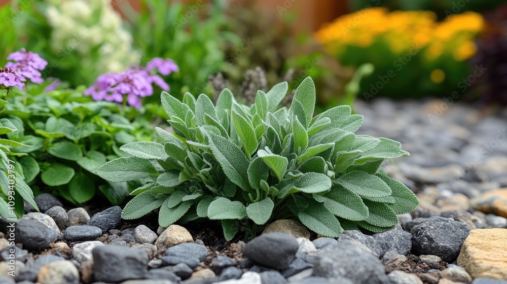 Sage herb flourishing amidst colorful flowers and pebbles in a serene garden environment. Green lush leaves create a vibrant focal point.