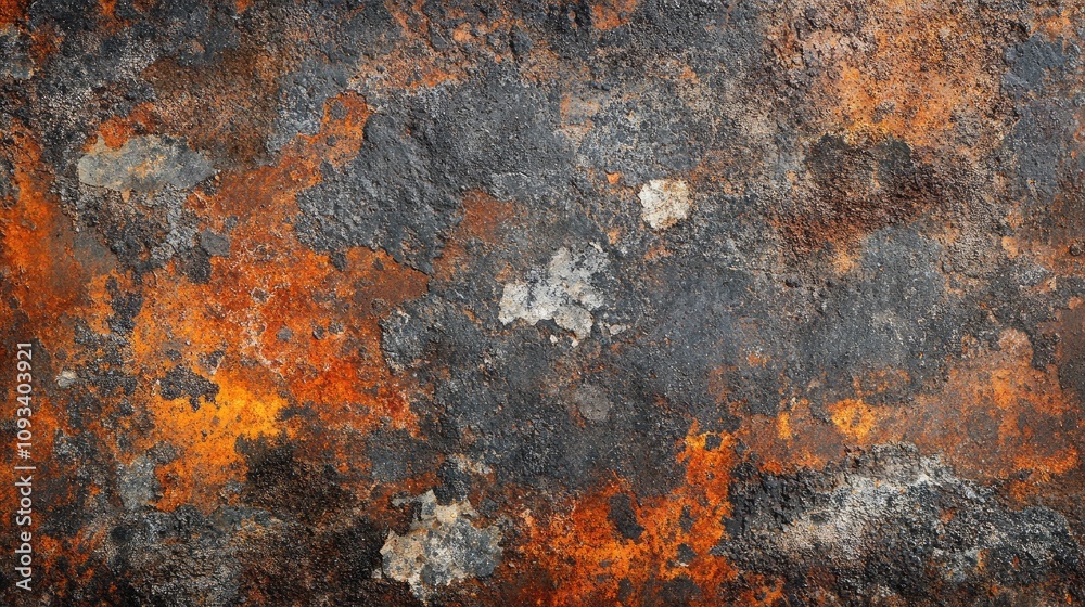 Weathered grunge texture showcasing scratched rusty metal and stone in rich dark brown and vibrant orange, perfect for industrial-themed backgrounds.