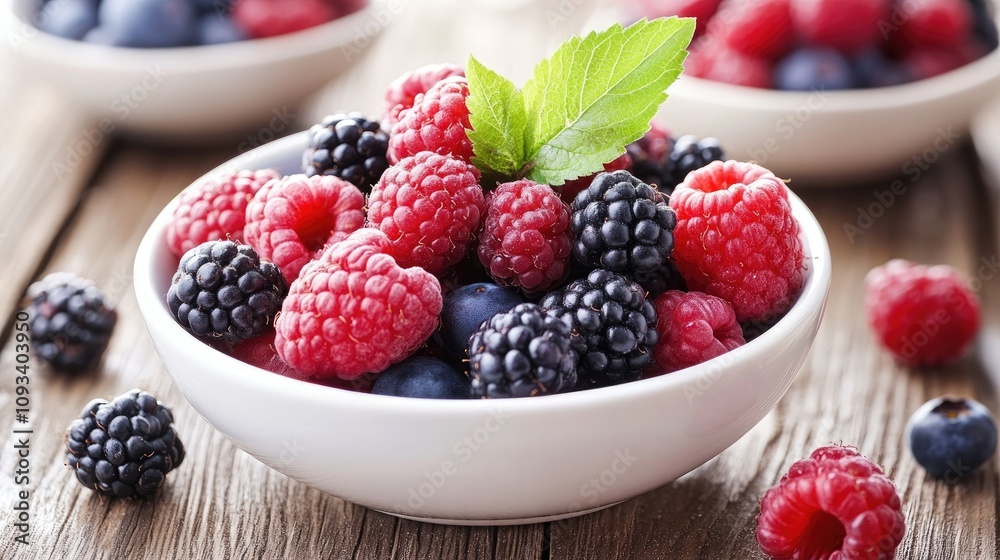 Fresh mixed berries in a white bowl featuring raspberries, blackberries, and blueberries, garnished with a mint leaf for a nutritious breakfast option. Fresh mixed berries in a white bowl featuring raspberries, blackberries, and blueberries, garnished with a mint leaf for a nutritious breakfast option.