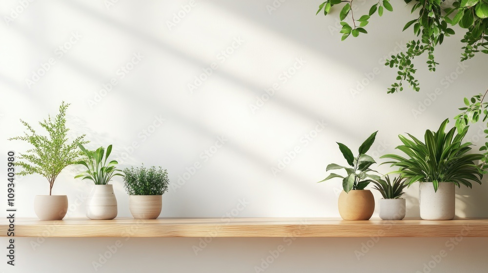 Fototapeta premium Wooden floating shelf featuring various greenery and decorative vases against a bright white wall in a contemporary living room setting