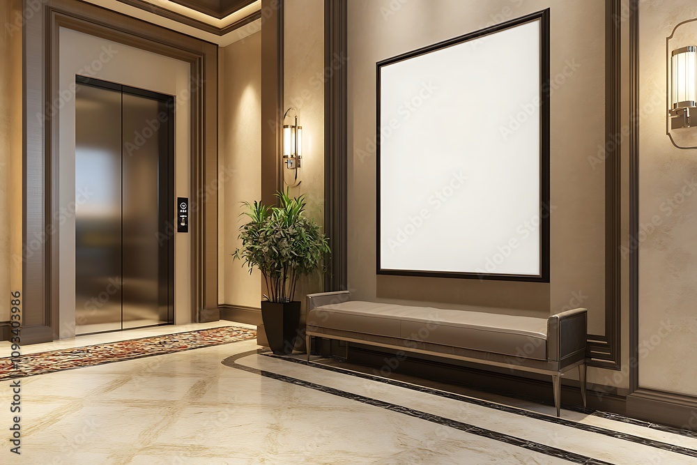 Elegant Lobby Interior Design Featuring Elevator and Artwork Elegant Lobby Interior Design Featuring Elevator and Artwork