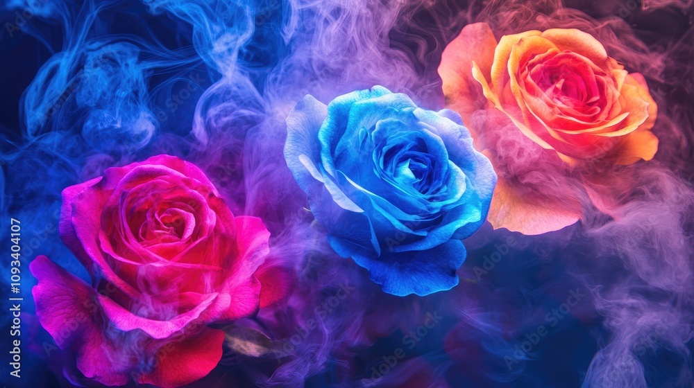 Neon roses in vivid blue, red, and purple hues float amidst swirling smoke, creating a mesmerizing and colorful floral display. Neon roses in vivid blue, red, and purple hues float amidst swirling smoke, creating a mesmerizing and colorful floral display.