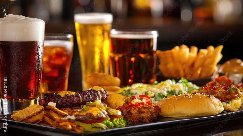 Close-up of an appetizing spread featuring assorted finger foods and refreshing drinks in a cozy pub atmosphere. Close-up of an appetizing spread featuring assorted finger foods and refreshing drinks in a cozy pub atmosphere.