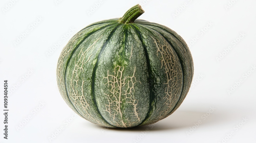 Whole green melon with a textured, striped skin on a clean white background, highlighting its natural features and ripeness. Whole green melon with a textured, striped skin on a clean white background, highlighting its natural features and ripeness.