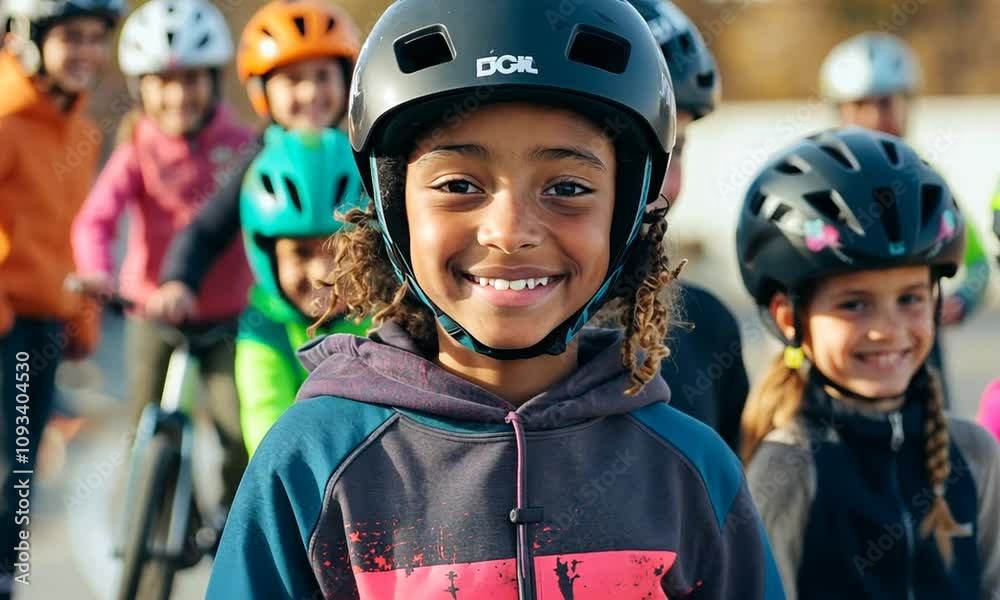 Joyful Children Wearing Helmets Smile Together at a Skate Park During a Sunny Day, Celebrating Fun and Friendship with Safety Precautions in Place Joyful Children Wearing Helmets Smile Together at a Skate Park During a Sunny Day, Celebrating Fun and Friendship with Safety Precautions in Place