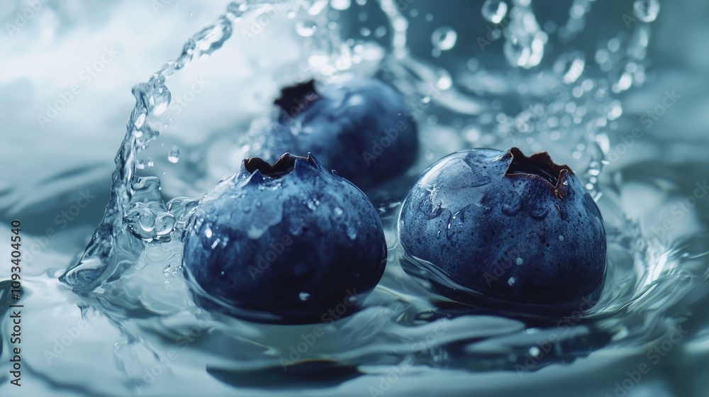 Fresh blueberries splashing in clear water with droplets, creating ripples and showcasing their vibrant blue color and texture. Fresh blueberries splashing in clear water with droplets, creating ripples and showcasing their vibrant blue color and texture.