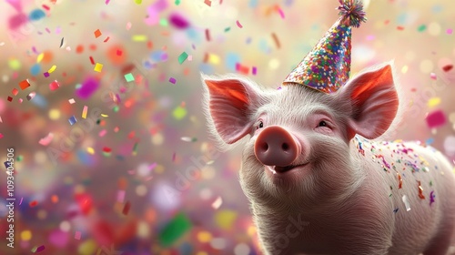 A cheerful pig wearing a colorful party hat smiles amid a shower of bright confetti, creating a festive and joyful atmosphere.