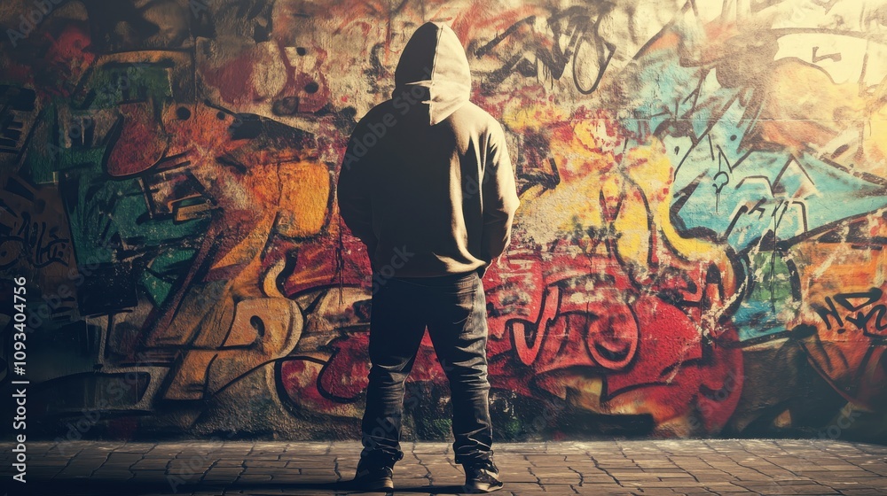 Obraz premium A male figures stands against a vibrant graffiti wall, embodying urban culture and self-expression.