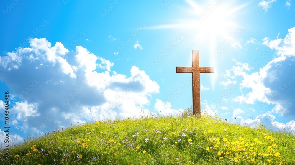 Wooden cross on a grassy hill under a radiant sun with fluffy clouds, representing hope and redemption in a serene landscape. Wooden cross on a grassy hill under a radiant sun with fluffy clouds, representing hope and redemption in a serene landscape.