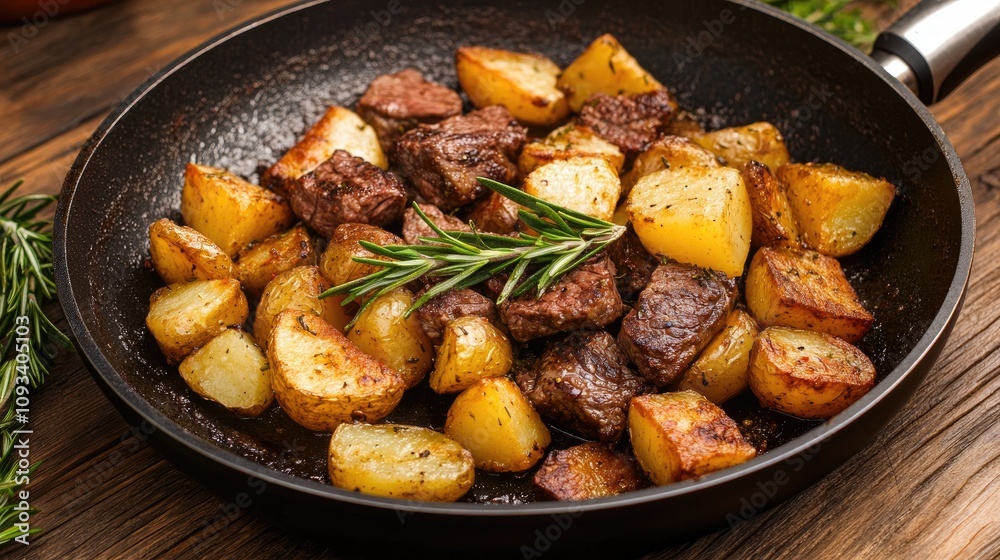 Fried potatoes and tender beef steak garnished with fresh rosemary cooked in a frying pan, served on a rustic wooden table. Fried potatoes and tender beef steak garnished with fresh rosemary cooked in a frying pan, served on a rustic wooden table.