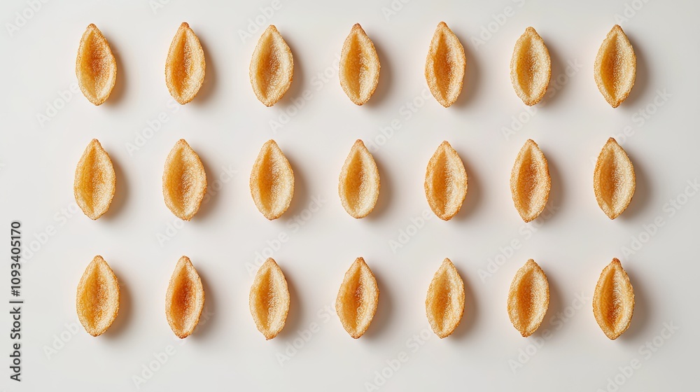 A close-up of baked potato chips arranged neatly in a single layer on a white background. A close-up of baked potato chips arranged neatly in a single layer on a white background.