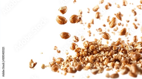 Caramelized peanuts flying against a bright white background, showcasing their golden-brown color and crunchy texture in dynamic motion.