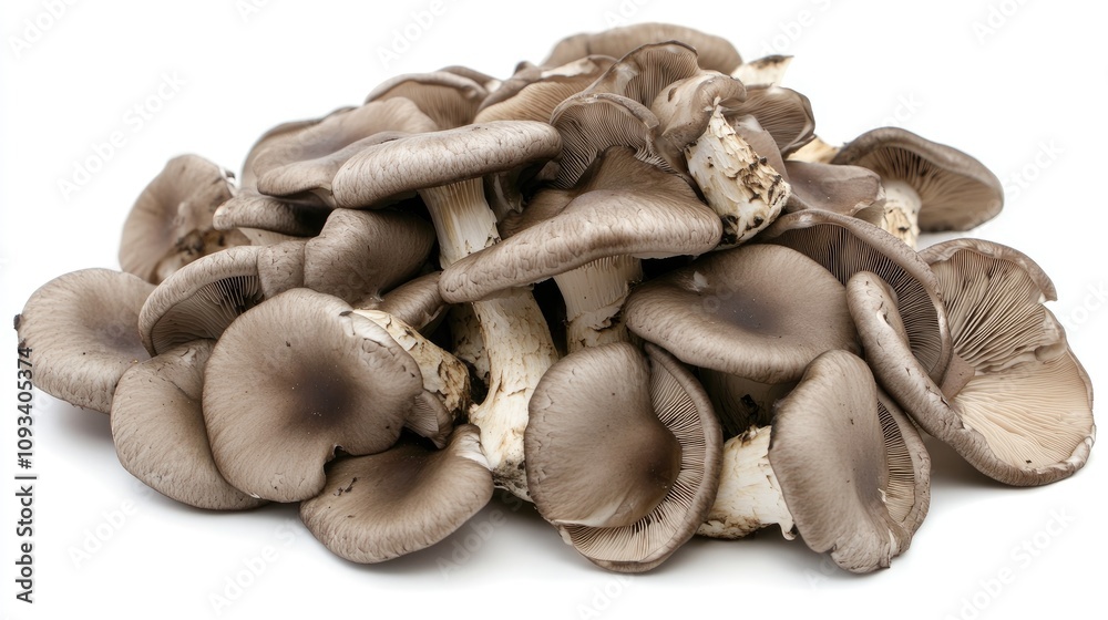 Fresh oyster mushrooms stacked together showcasing their unique gray caps and delicate gills against a clean white backdrop. Fresh oyster mushrooms stacked together showcasing their unique gray caps and delicate gills against a clean white backdrop.