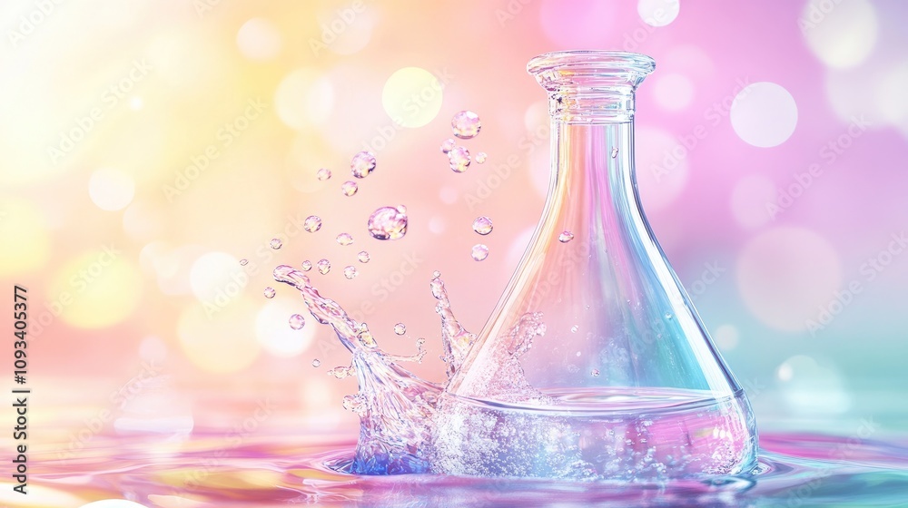 A glass flask splashes water as bubbles rise, set against a vibrant gradient background that enhances the fluid, colorful ambiance. A glass flask splashes water as bubbles rise, set against a vibrant gradient background that enhances the fluid, colorful ambiance.