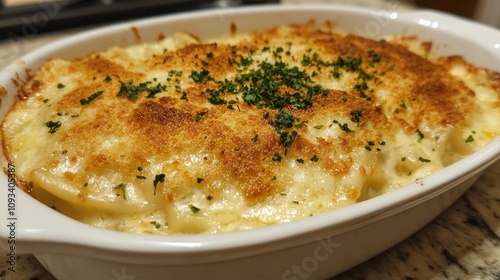 Cheesy baked ravioli topped with a golden crispy layer and fresh herbs, served in a white baking dish.