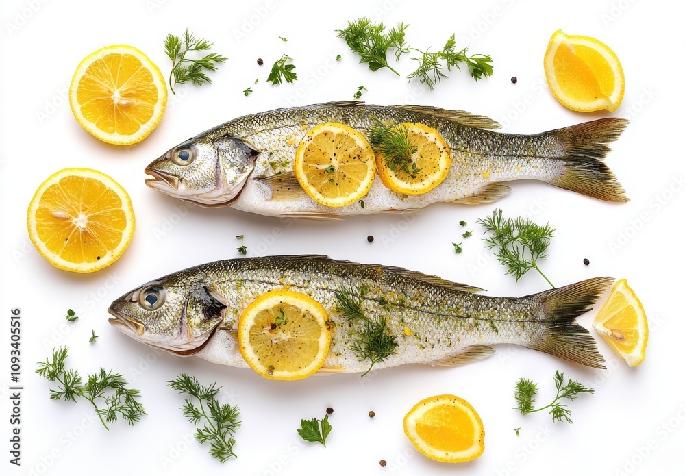 Freshly Caught Fish with Lemon and Herbs on White Background for Culinary and Food Preparation Concepts, Ideal for Stock Photography and Recipe Use Freshly Caught Fish with Lemon and Herbs on White Background for Culinary and Food Preparation Concepts, Ideal for Stock Photography and Recipe Use