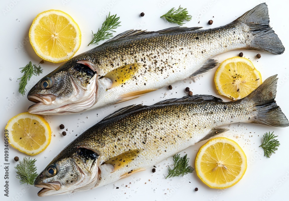 Freshly Caught Fish with Lemon and Herbs on a White Background, Perfect for Culinary and Healthy Eating Imagery Freshly Caught Fish with Lemon and Herbs on a White Background, Perfect for Culinary and Healthy Eating Imagery