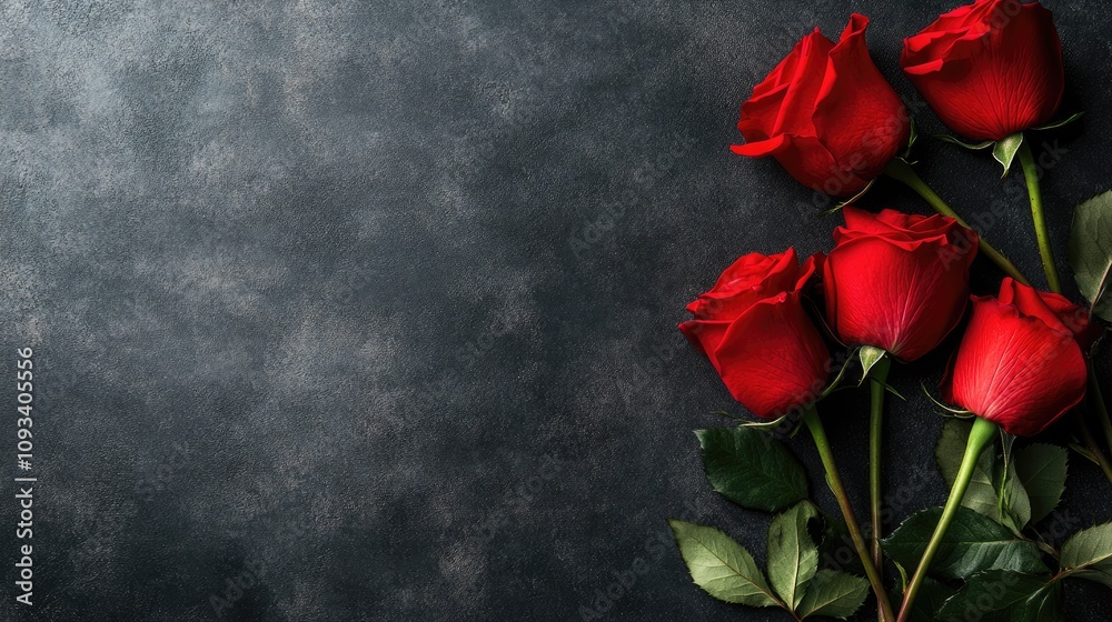 Vibrant red rose bouquet with lush green leaves against a dramatic dark backdrop, perfect for Valentine's Day themed designs with ample space for text. Vibrant red rose bouquet with lush green leaves against a dramatic dark backdrop, perfect for Valentine's Day themed designs with ample space for text.