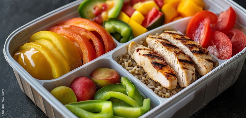 A colorful lunch box featuring sliced bell peppers, brown rice, grilled chicken, and a small serving of mixed fruit, all carefully organized in a divided container for a fresh, healthy meal. A colorful lunch box featuring sliced bell peppers, brown rice, grilled chicken, and a small serving of mixed fruit, all carefully organized in a divided container for a fresh, healthy meal.