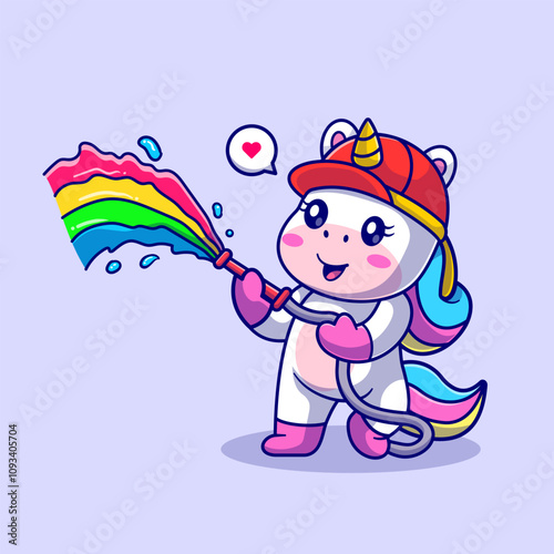 Cute Unicorn Firefighter With Rainbow Water Cartoon Vector 
Icon Illustration. Animal Holiday Icon Concept Isolated 
Premium Vector. Flat Cartoon Style 