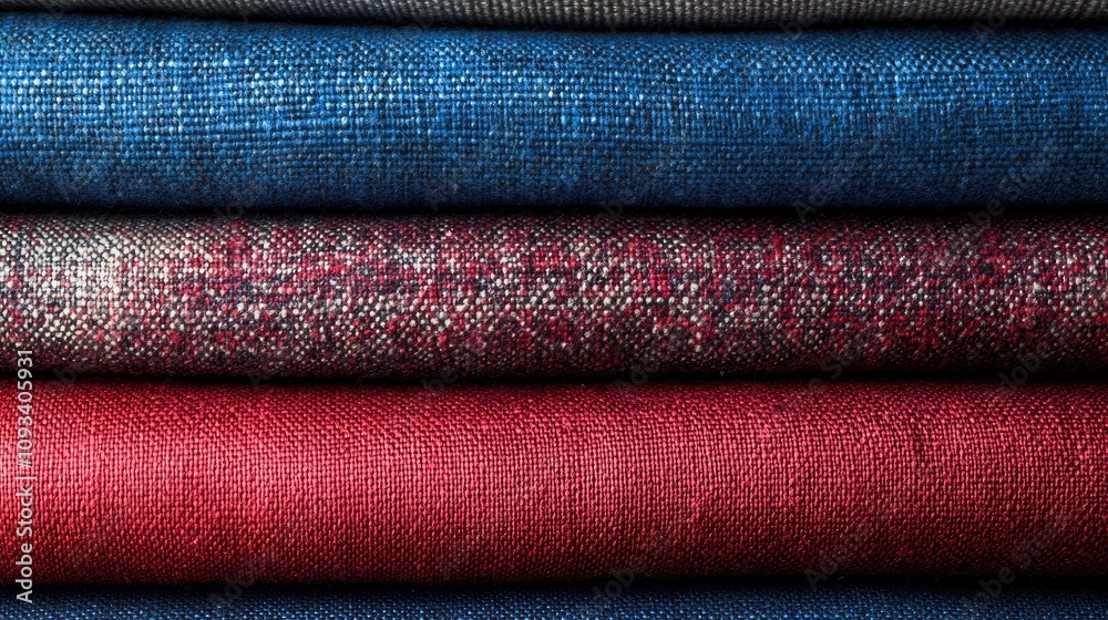 Stylish Rolled Fabrics Displaying Rich Reds to Calming Blues Ideal for Designers and Fabric Enthusiasts Seeking Vibrant Textures and Colors Stylish Rolled Fabrics Displaying Rich Reds to Calming Blues Ideal for Designers and Fabric Enthusiasts Seeking Vibrant Textures and Colors