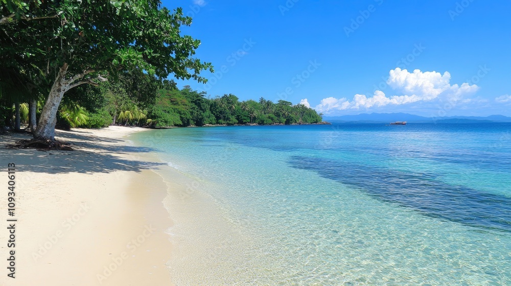 Serene beach scene with gentle waves, pristine clear water, and soft white sand under a vibrant blue sky, perfect for relaxation and nature appreciation. Serene beach scene with gentle waves, pristine clear water, and soft white sand under a vibrant blue sky, perfect for relaxation and nature appreciation.