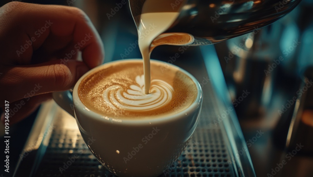 Barista Making Latte Art with Milk in White Cup, Close-Up of Hands Pouring Cream to Create Intricate Patterns, Cappuccino, Copy Space Barista Making Latte Art with Milk in White Cup, Close-Up of Hands Pouring Cream to Create Intricate Patterns, Cappuccino, Copy Space