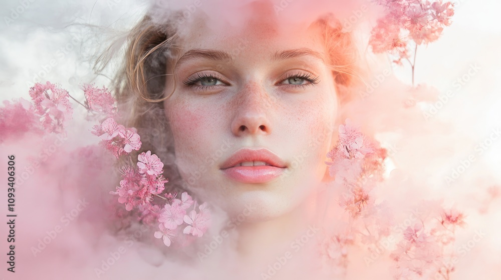 Double exposure portrait of a young woman with luminous skin enveloped in soft pink smoke and blooming flowers, symbolizing beauty, femininity, and nature's harmony. Double exposure portrait of a young woman with luminous skin enveloped in soft pink smoke and blooming flowers, symbolizing beauty, femininity, and nature's harmony.