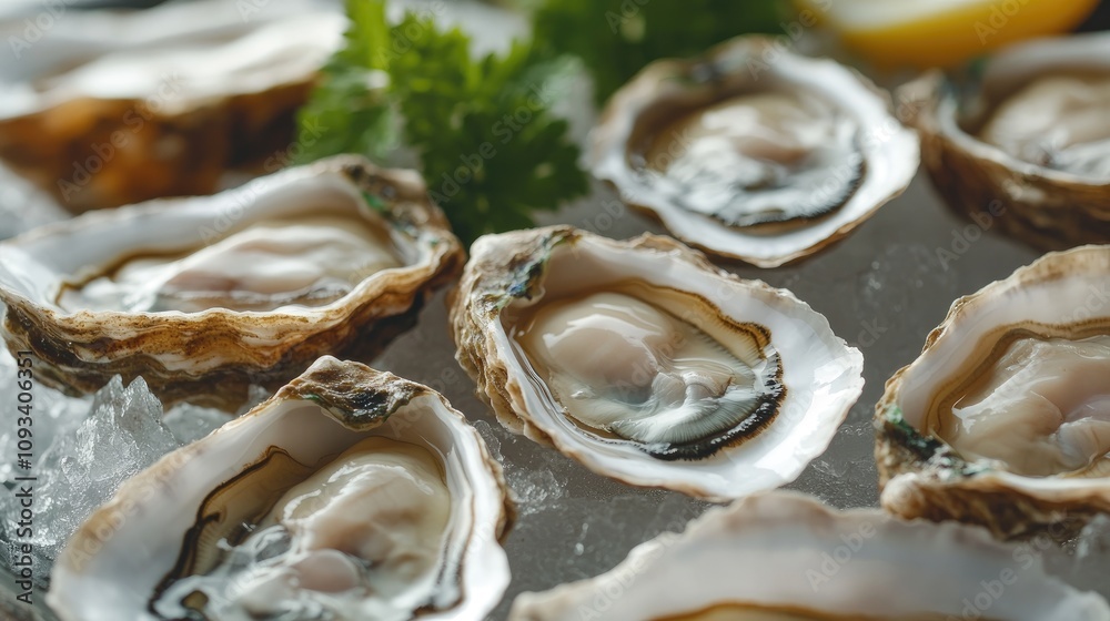 Elegant presentation of fresh oysters on ice, garnished with lemon and herbs, highlighting their natural beauty and culinary appeal. Elegant presentation of fresh oysters on ice, garnished with lemon and herbs, highlighting their natural beauty and culinary appeal.