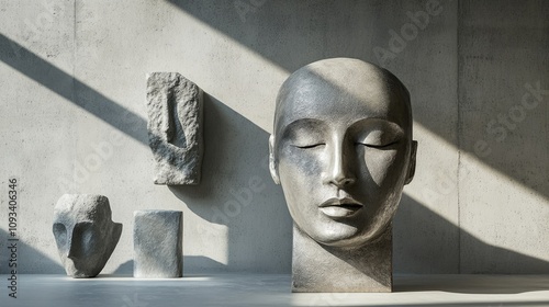 Silver face sculpture with closed eyes in front of a gray wall, flanked by two additional abstract stone sculptures casting soft shadows.