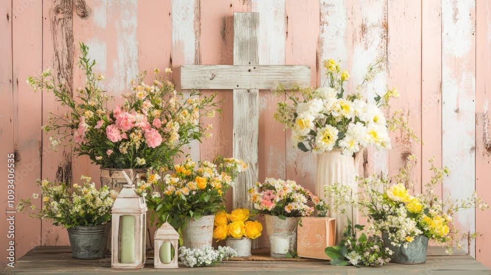 Fototapeta premium Spring Floral Arrangement Featuring Vibrant Blooms and Rustic Wooden Cross on Weathered Pink Wood Background