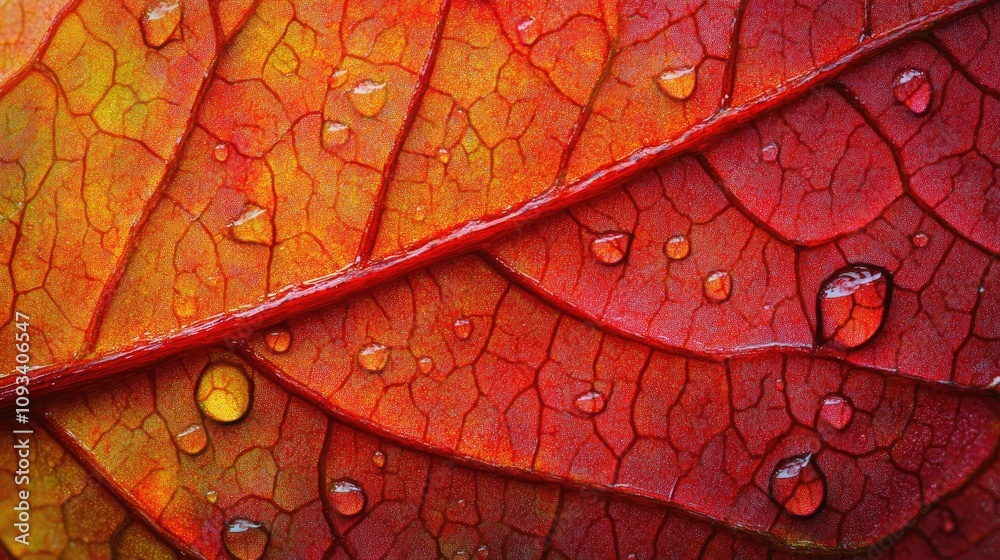 Fototapeta premium Close-up of Vibrant Red Leaf with Water Droplets Reflecting Light, Showcasing Intricate Veins and Textures of Nature's Beauty