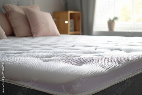 White memory foam mattress topper on grey bed, closeup, Generative AI