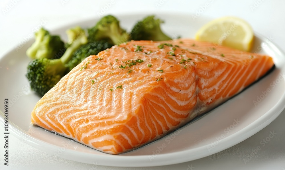 Freshly Cooked Salmon Fillet Served with Broccoli and Lemon Slice on a White Plate: A Healthy Meal Choice for Seafood Lovers and Nutrition Enthusiasts Freshly Cooked Salmon Fillet Served with Broccoli and Lemon Slice on a White Plate: A Healthy Meal Choice for Seafood Lovers and Nutrition Enthusiasts