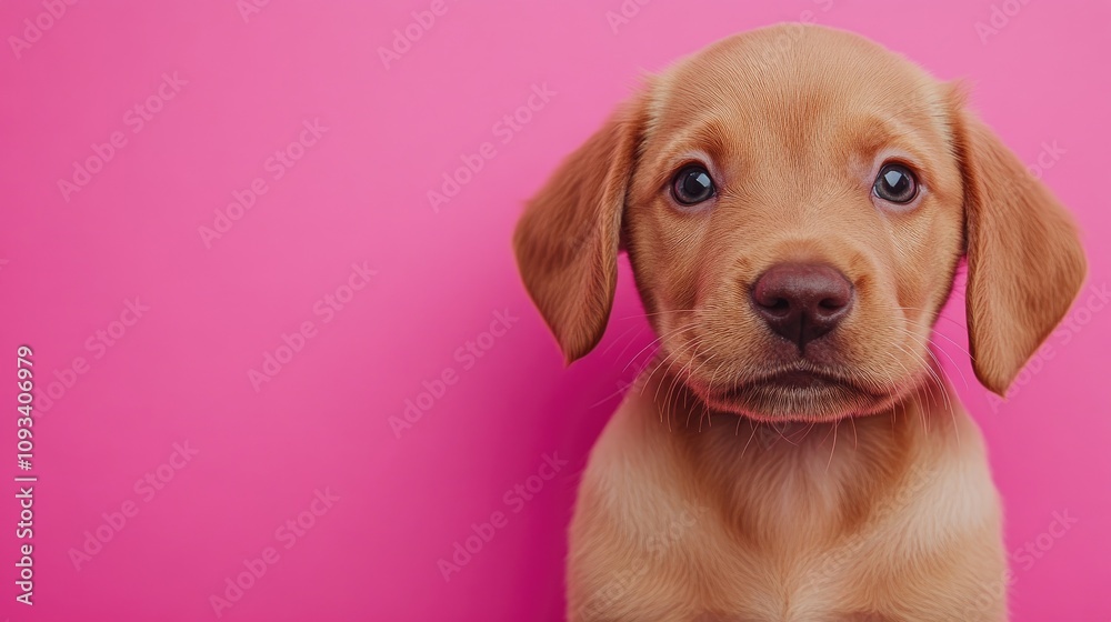 Puppy close-up portrait against a vibrant pink background, featuring large expressive eyes and soft fur, with ample space for text or branding. Puppy close-up portrait against a vibrant pink background, featuring large expressive eyes and soft fur, with ample space for text or branding.