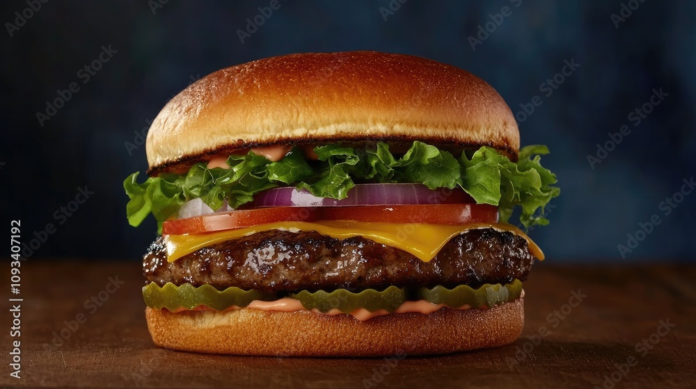 Homemade gourmet burger featuring fresh lettuce, cheese, onion, and tomato, beautifully displayed on rustic wood with a dark blue background.