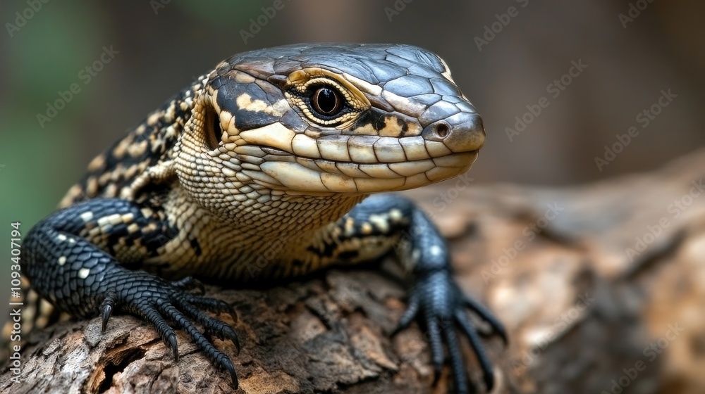 Close-up view of a striking lizard perched on a textured tree branch, showcasing intricate patterns on its scales and vibrant colors. Close-up view of a striking lizard perched on a textured tree branch, showcasing intricate patterns on its scales and vibrant colors.
