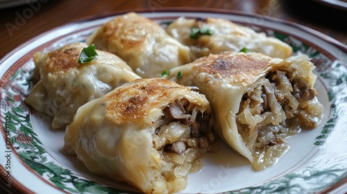 Savory Polish dumplings filled with sauerkraut and mushrooms, featuring a golden-brown crispy exterior and garnished with herbs on a decorative plate.