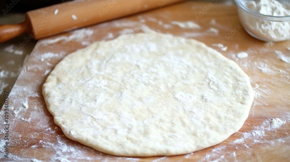 Homemade pizza dough rolled out on a flour-dusted wooden surface, with a rolling pin and bowl of flour nearby, ready for topping. Homemade pizza dough rolled out on a flour-dusted wooden surface, with a rolling pin and bowl of flour nearby, ready for topping.
