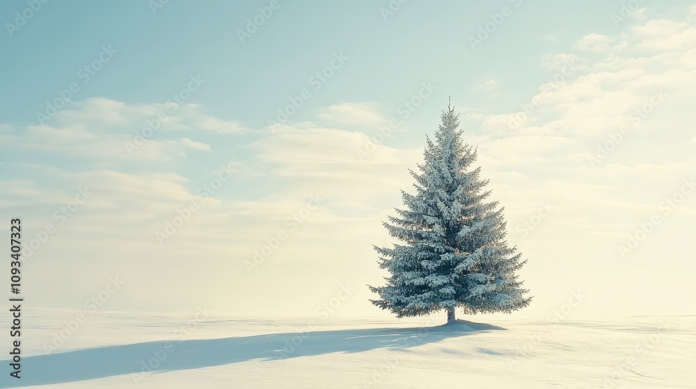 Snow-covered winter landscape showcasing a solitary Christmas tree against a serene sky, offering generous blank space for text or graphics.