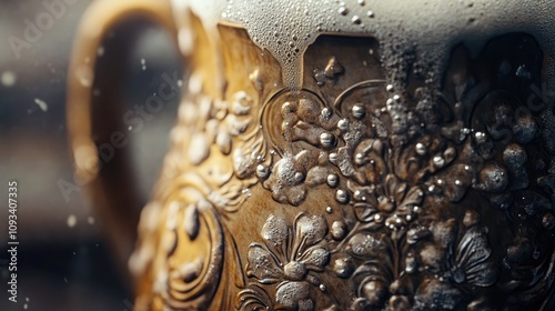 Close-up of a frothy beer stein adorned with intricate floral designs, set against a festive blurred background, perfect for restaurant menus or rustic decor. photo